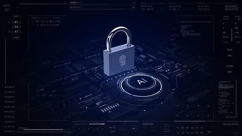A padlock rests on a computer screen in an electric blue building 写真素材