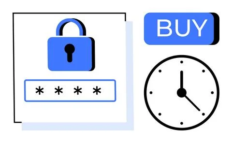 Padlock securing password, clock showing time passing, and Buy button highlig イラスト素材
