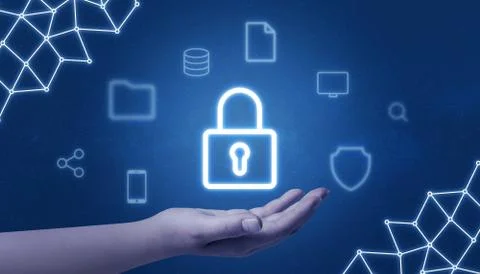 Padlock security in hand surrounded with internet services icons and network  Stock Photos