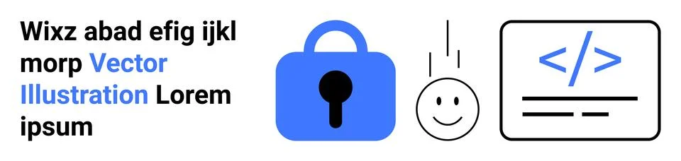 Padlock for security, happy face for user interaction, and coding symbol for  Illustrazione stock