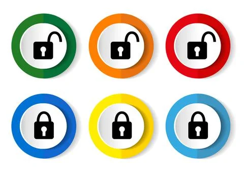 Padlock, security vector icons, set of circle buttons in 6 colors options Stock-Illustration