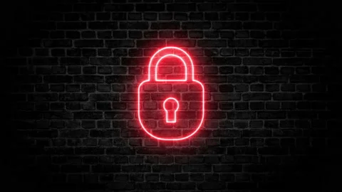 Padlock set neon led icon : lock is red and green is unlock on wall brick backgr Stock Footage 150635241