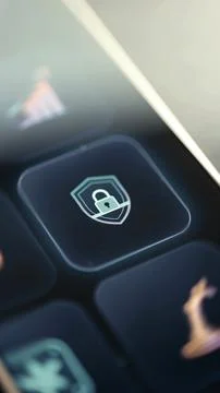 Padlock shield control displayed on a dark mobile investment interface Stock Photos