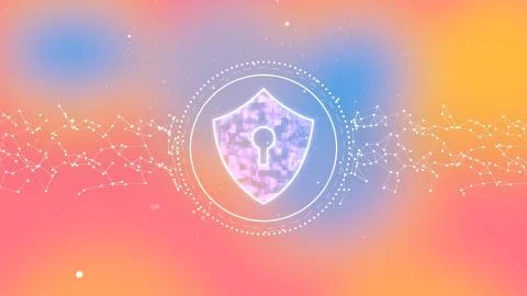 Padlock with shield flat icon in plexus construction over blur pink blue and イラスト素材