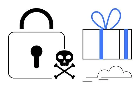 Padlock signifies security, gift box represents reward, skull with crossbones Stock Illustration