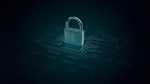 A padlock sits atop a computer chip in an engineering building Stock Photos