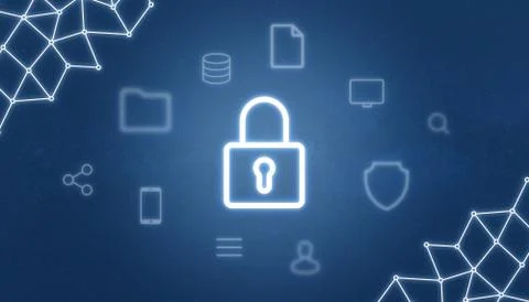 Padlock surrounded with internet of things, online services icons. Concept of Stock Photos