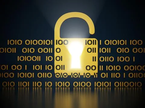 Padlock symbol and binary code on black background Stock Illustration