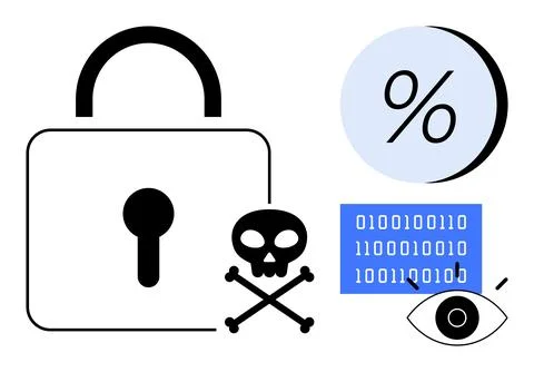 Padlock symbol, binary code, percentage symbol, skull and crossbones, and eye Illustrazione stock