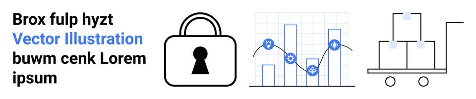 Padlock symbol for security, a line graph with data points for analytics, and Illustrazione stock