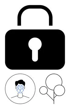 Padlock symbolizes security, facial recognition represents biometrics, and co Stock Illustration