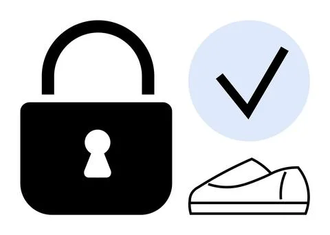 Padlock symbolizing security, checkmark indicating approval, loafers represen イラスト素材
