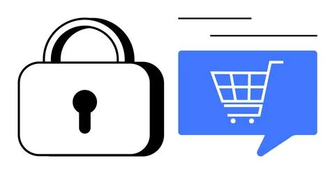 Padlock symbolizing security next to a blue speech bubble with a shopping car Illustrazione stock