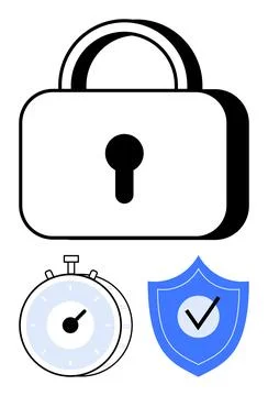 Padlock symbolizing security, stopwatch for precision, and shield with checkm 스톡 일러스트