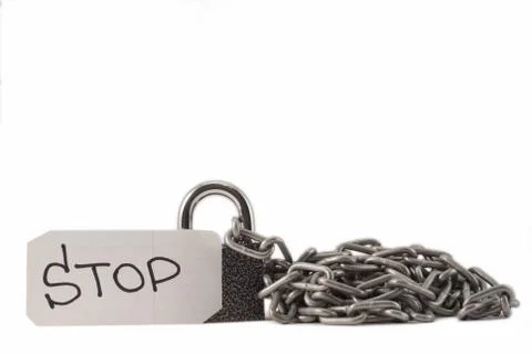 Padlock on a white background. The lock is locked. The chain is metal. Stock Photos