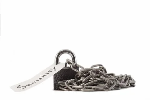Padlock on a white background. The lock is locked. The chain is metal. Stock Photos