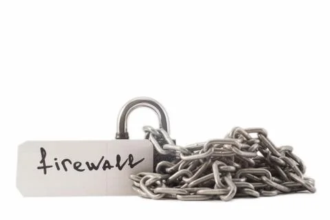 Padlock on a white background. The lock is locked. The chain is metal. Stock Photos