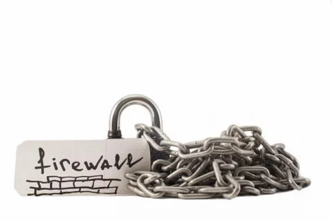 Padlock on a white background. The lock is locked. The chain is metal. Stock Photos