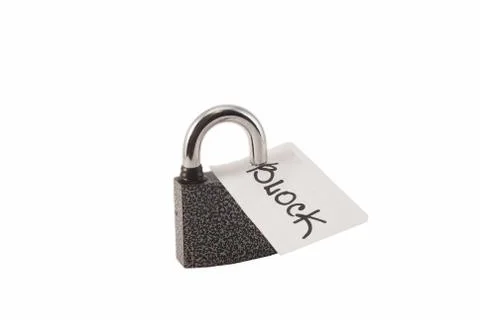 Padlock on a white background. The lock is locked. The chain is metal. Stock Photos