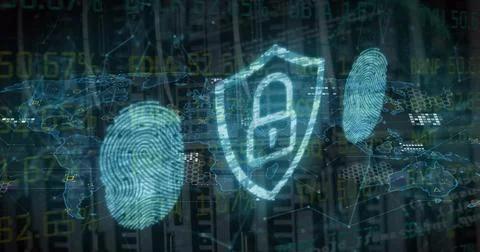 Padlocked shield rotating on data dashboard, with fingerprints and world map, Stock Photos
