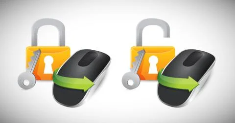 Padlocks and wireless computer mouse isolated on white background Illustrazione stock