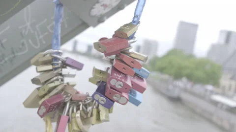 Padlocks on a bridge Stock Footage 163117844