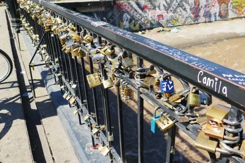 Padlocks in a bridge Stock Photos