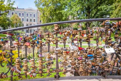Padlocks on bridge in Riga Stock Photos