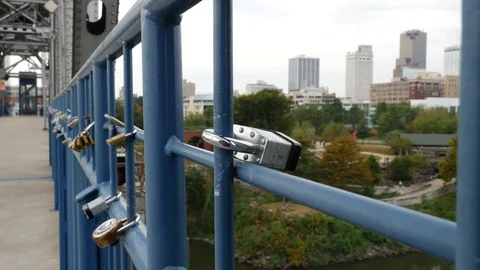 Padlocks chained to the railing on Junction bridge Stock Footage 89382103