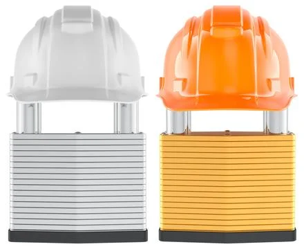 Padlocks with construction helmets. Symbolizing construction safety, worker.. Stock Illustration