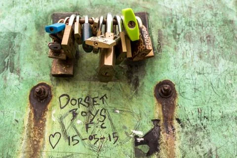Padlocks on Green Paint Stock Photos