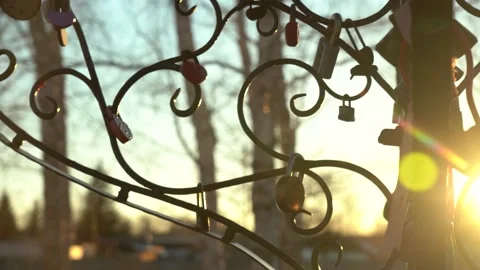 Padlocks on an iron tree on a sunset background. National wedding traditions. Stock-Footage 152755182