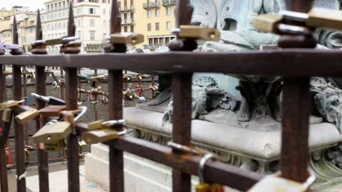 Padlocks Of Lovers On The Bridge in Florence  - Ponte Vecchio - Italy Stock Footage 260794188