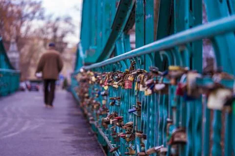 Padlocks on the lovers' bridge in Opole Stock Photos