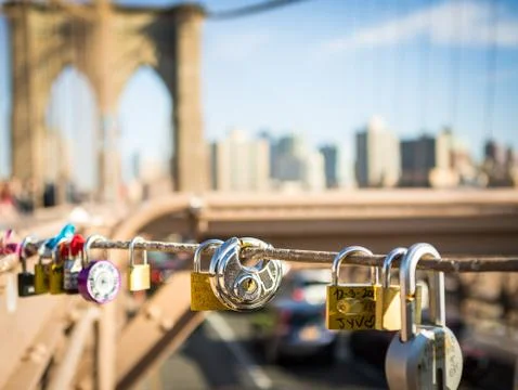 Padlocks placed on the Brooklyn Bridge Stock Photos