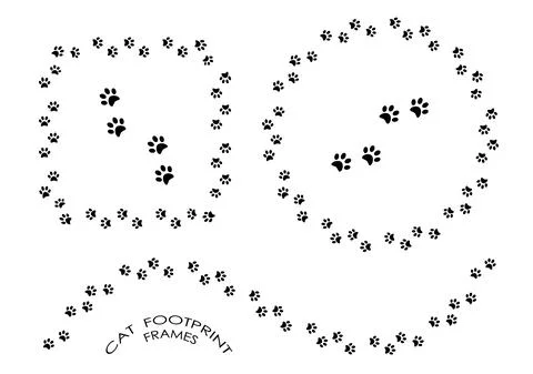 Pads of cat paws frames. Animal paw prints on ground. Simple black and white  Stock Illustration