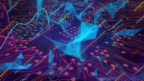 Pads pulsing, blue lowpoly mesh rising, splitting into shards as ribbons weave Stock Footage 335739829