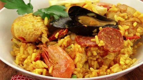 Paella dish on a table Stock Footage 162161580