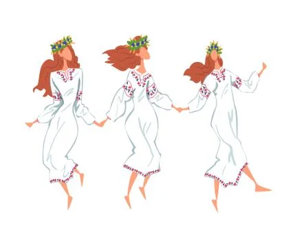 Pagan Ritual Dance, Three Slavic Young Women Dancing Wearing Traditional Dress Stock Illustration