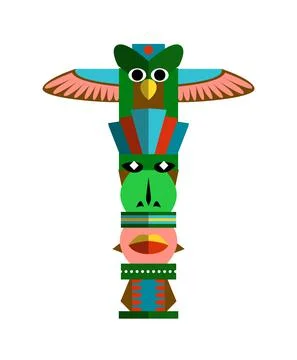 Pagan totem pole with eagle and idol face on white Stock Illustration