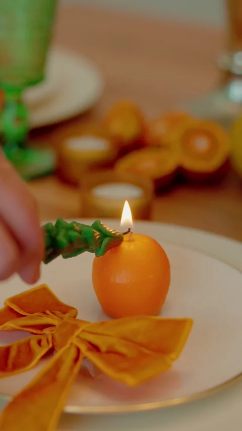 Pagan Yule Ritual Lighting Fruit Candle For Winter Solstice Stock Footage 332209243