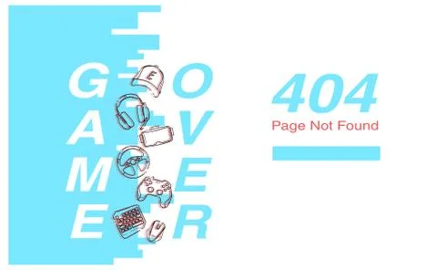 Page 404 with concept Game Over, blue color and Glitch linear Game Gadgets icons Stock Illustration