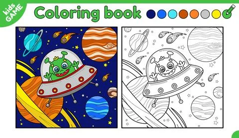 Page of coloring book with alien in flying saucer Stock Illustration