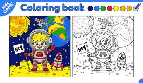 Page of coloring book with boy astronaut on moon Stock-Illustration