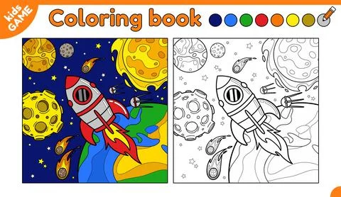 Page of coloring book with flying rocket in space Stock Illustration