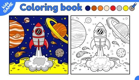Page of coloring book with space rocket launch Stock Illustration
