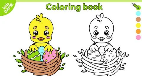 Page of Easter coloring book with chick in nest Stock Illustration