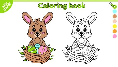 Page of Easter coloring book with rabbit in nest Stock Illustration