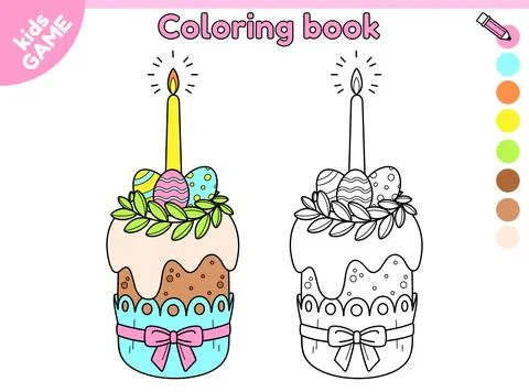 Page of kids coloring book with Easter cake Stock Illustration
