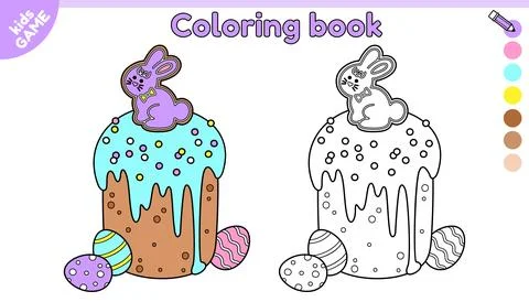 Page of kids coloring book with Easter cake Stock Illustration